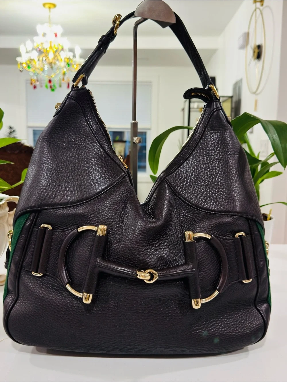 GUCCI Heritage Horsebit Hobo Brown Leather Shoulder Bag with Sherry Line
